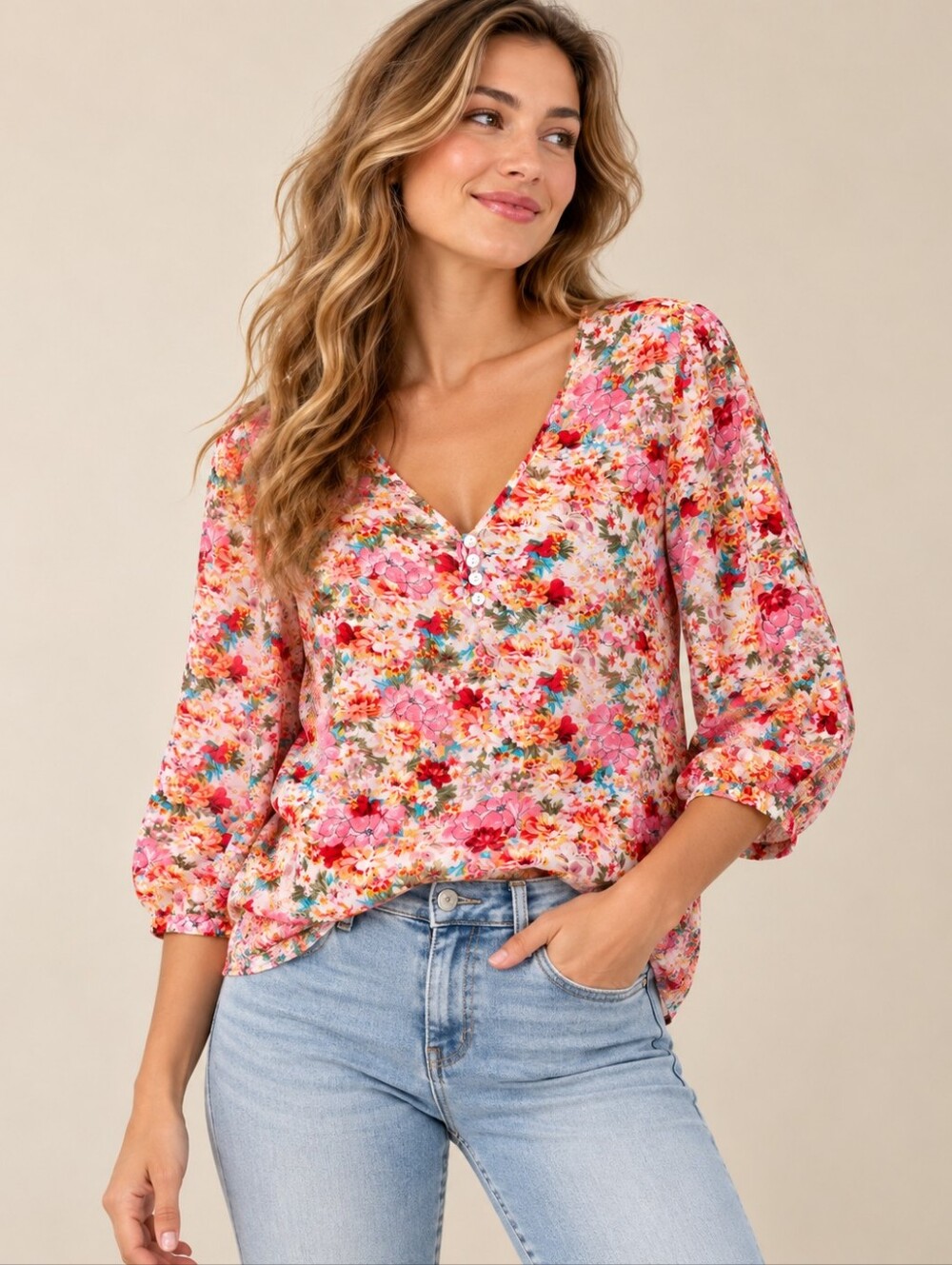 EsQualo (115$) | Pink Multicolor Floral V-Neck 3/4 Sleeve Blouse, Size 6